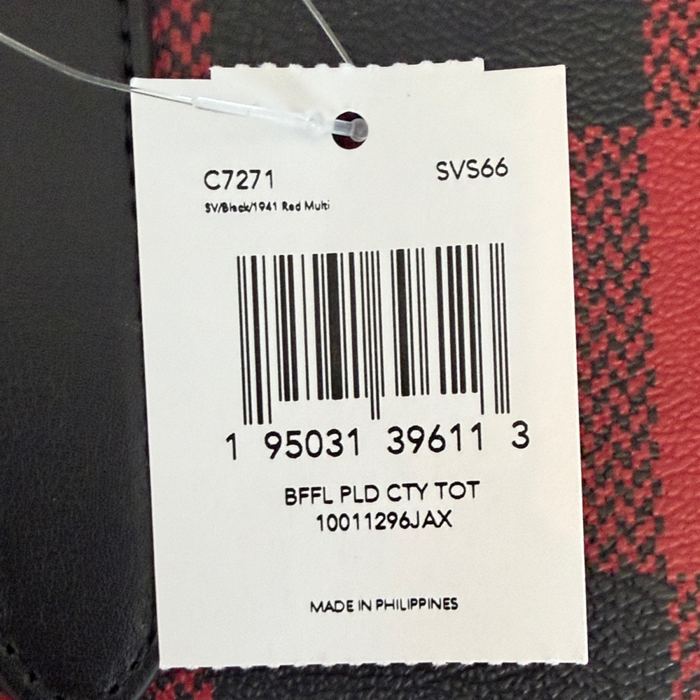 Coach Red and Black Buffalo Plaid Tote with Black Leather Trim - Picture 9 of 9
